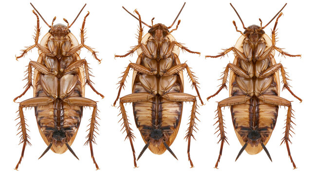 Isolated three brown cockroaches lying on their backs, showing detailed underside view of pests