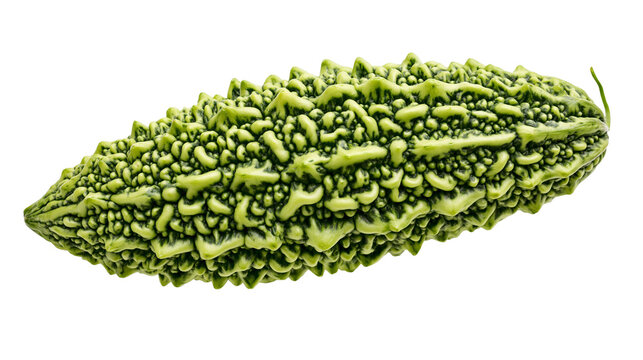 Isolated fresh green bitter melon or bitter gourd vegetable with unique rough skin texture.