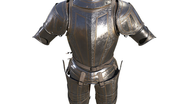 Isolated historical knight's suit of armor with ornate engraved patterns and polished metal.