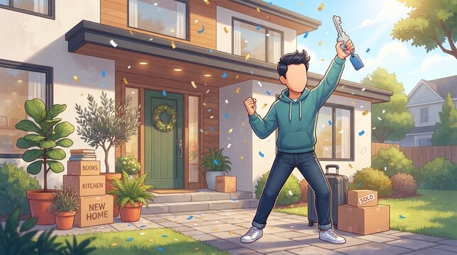 Faceless Cartoon Man Celebrating First Home Key, New House Purchase, Homeownership Milestone and Real Estate Achievement Illustration