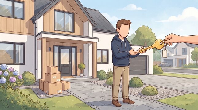 Faceless Cartoon Man Receiving New House Key in Front of Modern Home, Property Purchase, Homeownership and Real Estate Success Illustration