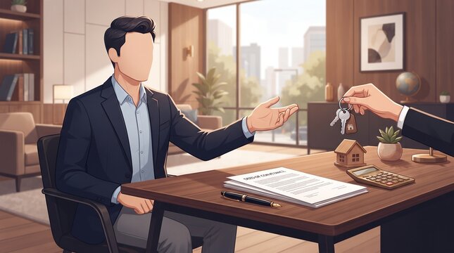 Faceless Cartoon Man Receiving New House Key Beside Property Documents, Real Estate Purchase, Mortgage and Homeownership Agreement Illustration