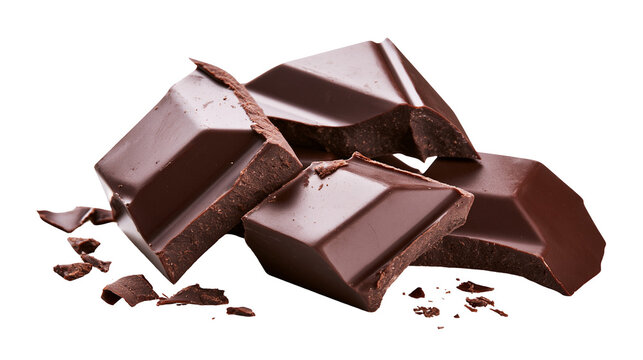 Isolated chunks of delicious dark chocolate breaking apart, perfect for culinary and dessert concepts
