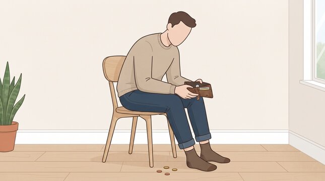Faceless Cartoon Man Opening Nearly Empty Wallet with Few Coins, Financial Difficulty, Low Budget and Money Shortage Concept Illustration