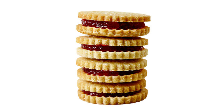 Isolated stack of delicious homemade jam-filled shortbread cookies, sweet dessert treat