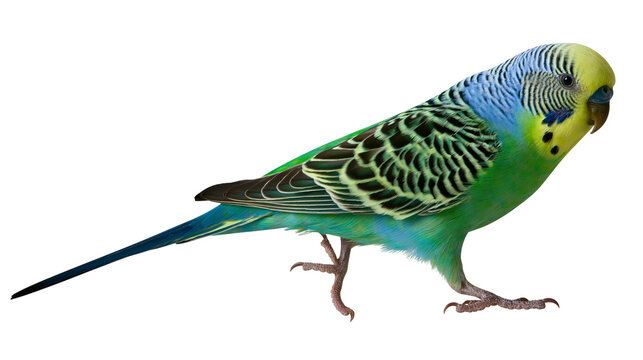 Isolated budgerigar parakeet bird with vibrant green blue and yellow feathers standing profile