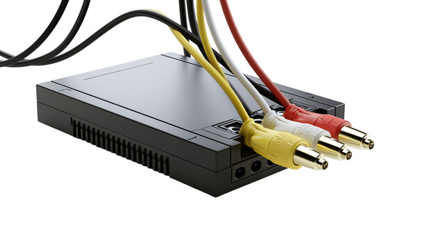 Isolated black electronic device with vibrant RCA audio video cables plugged into ports