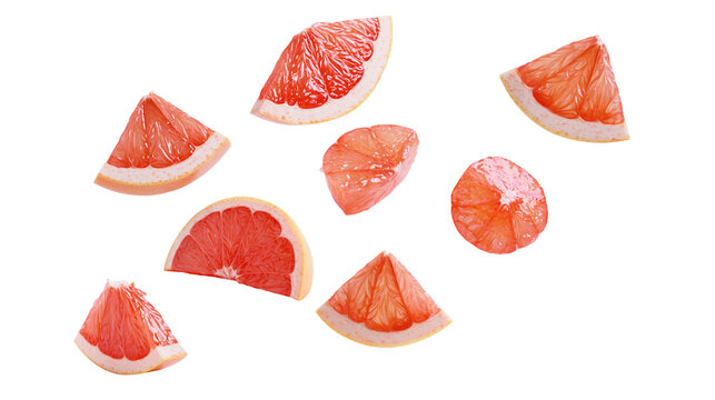 Isolated fresh juicy grapefruit slices and segments creatively arranged, healthy citrus fruit