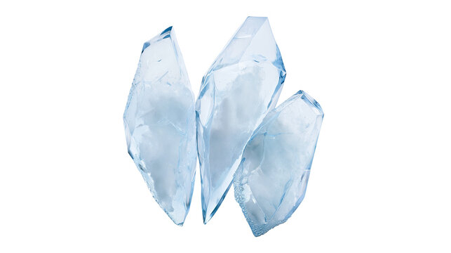 Isolated translucent blue ice or broken glass fragments, sharp abstract shapes and cool tones.