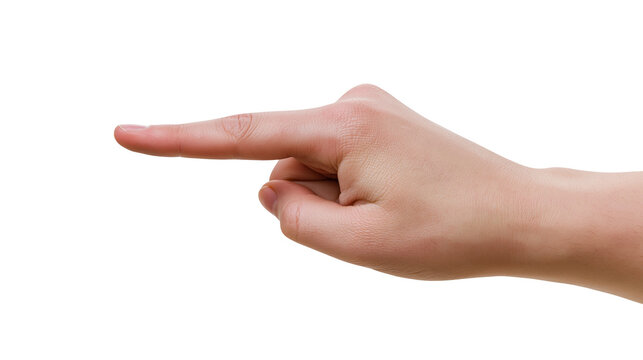 Isolated human hand pointing index finger to the left at a white D and partial year 1985