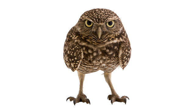 Isolated small burrowing owl standing alert with striking yellow eyes looking at camera.
