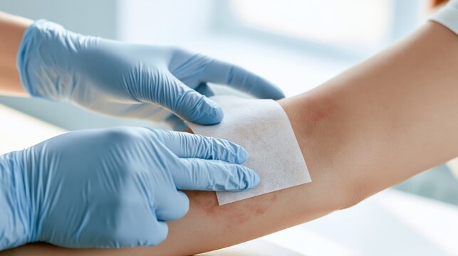 Healthcare worker applies sterile dressing to a burn on a forearm in treatment room during clinical procedure Generative AI