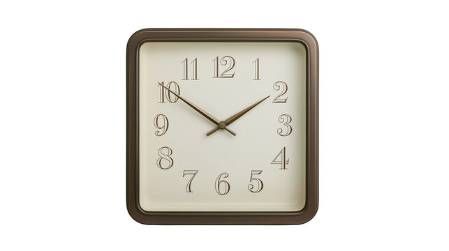Isolated elegant retro style square wall clock with classic numbers, vintage home decor accessory