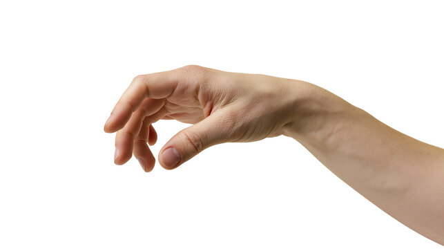 Isolated human hand performing a delicate pinch gesture, reaching or holding a small object