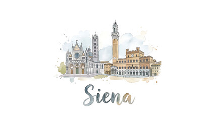 Obraz premium Elegant watercolor illustration of Siena's historic skyline featuring intricate architecture and iconic towers capturing Tuscan