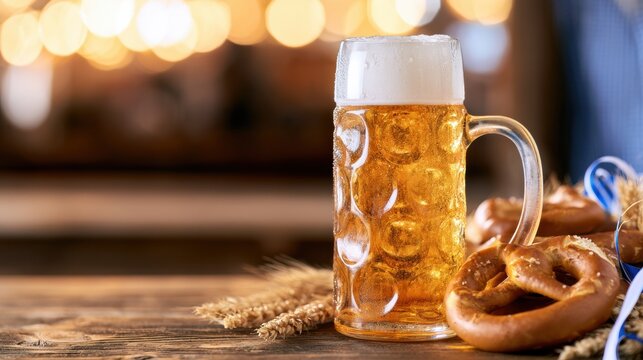Beer stein with foam beside pretzels and wheat on wooden table, Oktoberfest celebration, Bavarian food and drink tradition, festive hospitality concept