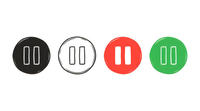 Flat play pause button icons set in four colors