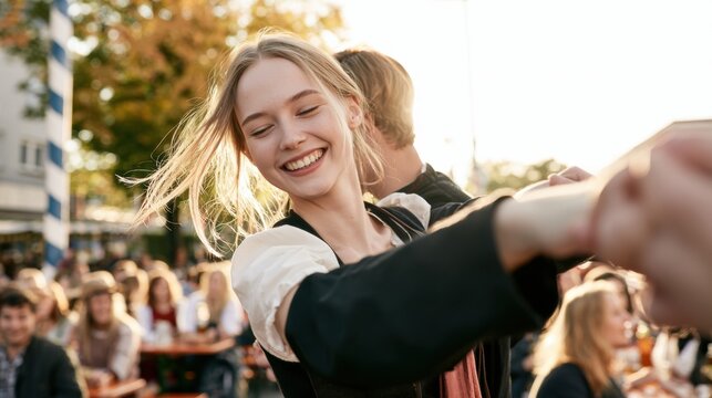 Smiling young woman dancing with partner in festive crowd, traditional costume and social celebration concept