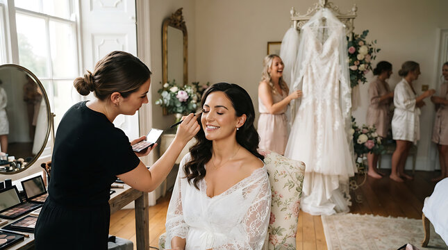 Professional makeup artist applying eye makeup to smiling bride in lace robe with bridesmaids preparing dress in background