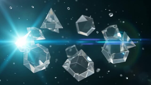 Abstract floating geometric prisms refracting colorful light