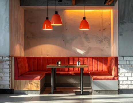Empty restaurant booth with red velvet seating and modern orange pendant lights. Ideal for hospitality design and interior architecture concepts.