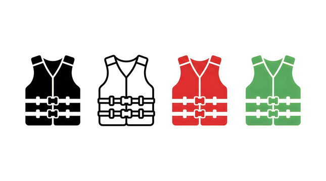 Four colorful life jackets with straps illustration
