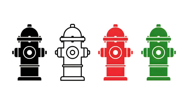 Four colored fire hydrants in a row