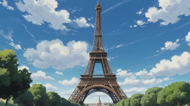 Beautiful illustration of the iconic Eiffel Tower in Paris under a bright blue sky with fluffy clouds.