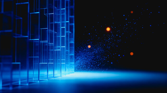 A futuristic digital scene featuring a blue wireframe grid and glowing data particles representing information flow.