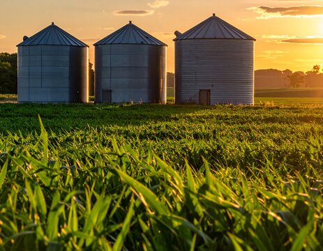 Metal grain silos standing in a lush green agricultural field during a golden sunset. Ideal for farming, food security, and rural economy concepts.