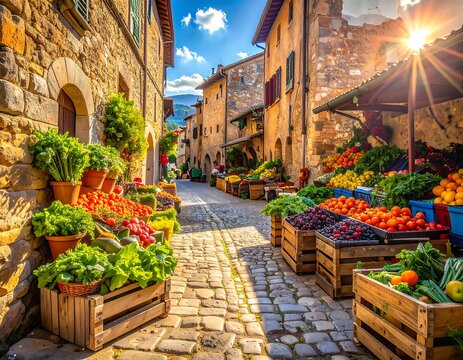 Charming cobblestone street lined with vibrant fruit and vegetable market stalls in a historic European village under bright sunlight. Ideal for travel brochures and organic food concepts.