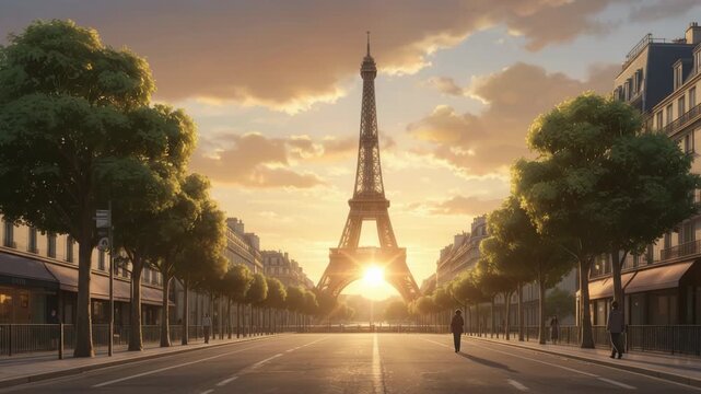 Beautiful sunset view of the Eiffel Tower from a quiet Parisian street.