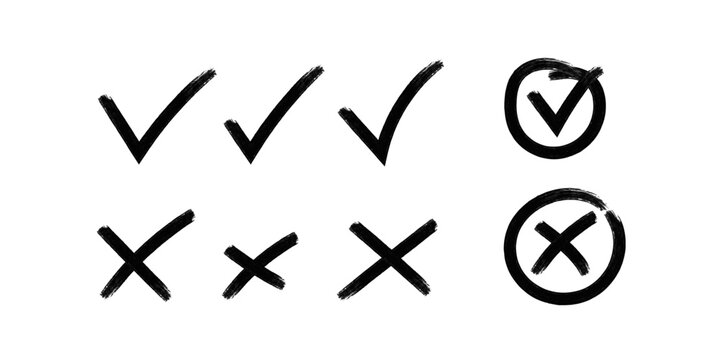 Brush stroke checkmarks and crosses set, hand-drawn style. simple icons for approval, rejection, and decision-making
