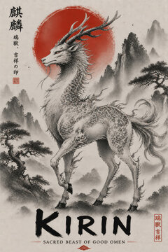 Kirin Mythical Japanese Sacred Beast in Traditional Sumi-e Ink Art