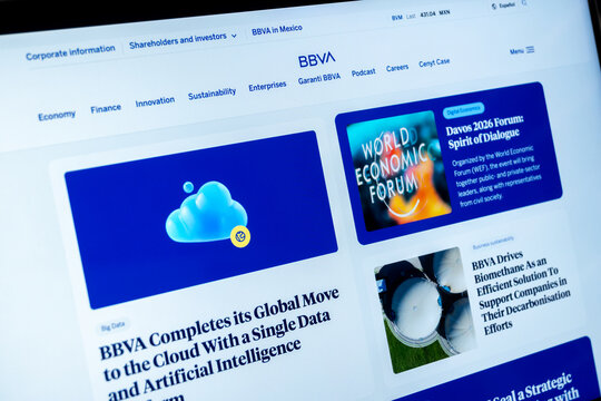 Mexico city, mexico, 01 12 2026: bbva website displaying cloud computing, wef, and sustainability news
