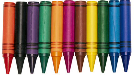 Isolated row of twelve sharpened colorful wax crayons standing upright in a vibrant spectrum © Andrei