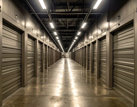 Long industrial corridor inside a self-storage facility with metal roll-up doors and fluorescent lighting. Ideal for relocation, personal storage, and commercial logistics marketing concepts.