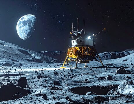 A lunar module landing on the rocky surface of the moon with a distant planet in the starry sky. Ideal for space exploration and astronomy concepts.
