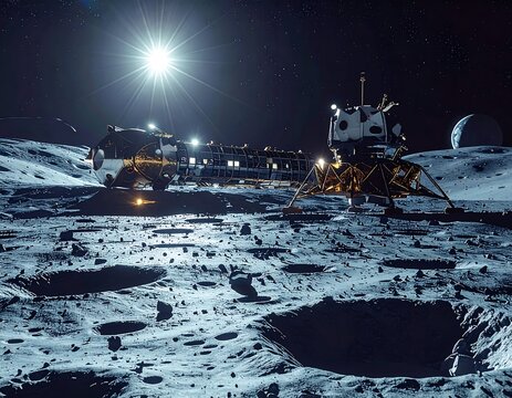 Lunar module and futuristic space station on the moon surface with Earth in the sky. Ideal for space exploration and sci-fi concepts.