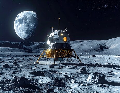 Lunar module landing on the rocky surface of the moon with a distant planet in the starry sky. Ideal for space exploration and aerospace technology concepts.