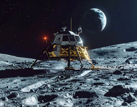 Lunar module landing on the rocky surface of the moon with a planet in the background. Ideal for space exploration and astronomy concepts.