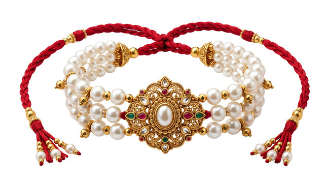 Traditional Indian pearl choker necklace, gold kundan bridal jewelry with red thread, ethnic wedding accessory on white background