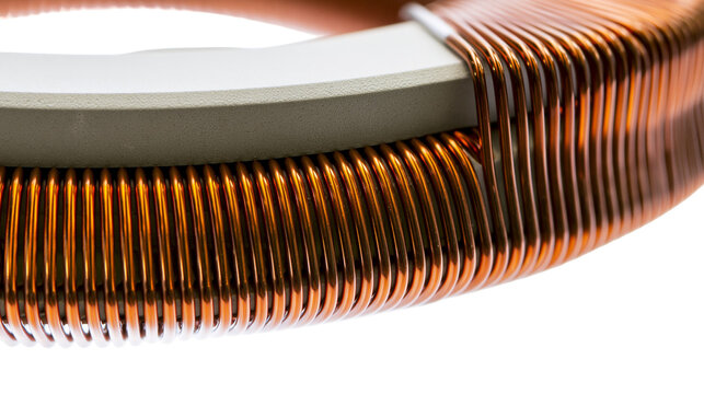 Isolated close-up of shiny copper coil wound around a toroidal ferrite core electronic component