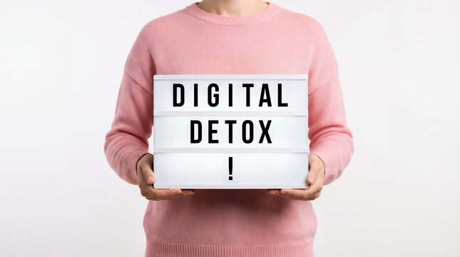 Person holding illuminated sign displaying DIGITAL DETOX in black letters against plain backdrop 171 characters technology disconnection break abstaining relaxation mindfulness