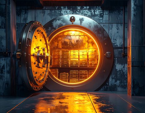 Open heavy bank vault door revealing stacks of gold bullion bars with glowing warm light inside. Ideal for financial security, wealth management, and investment concepts.