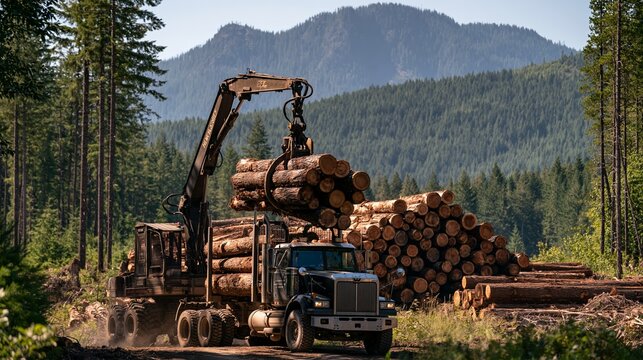 Forestry crane loads logs onto truck at logging site in mountain forest area Generative AI