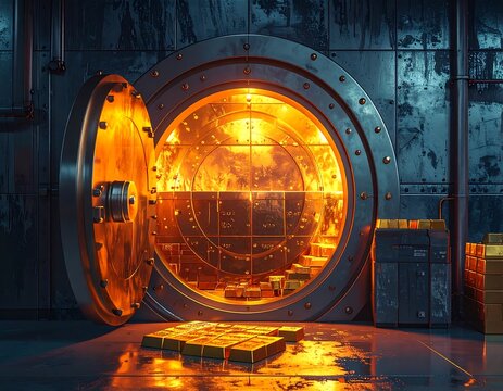 Open bank vault door with glowing golden light and gold bullion bars inside. Ideal for wealth, security, finance, and investment concepts.