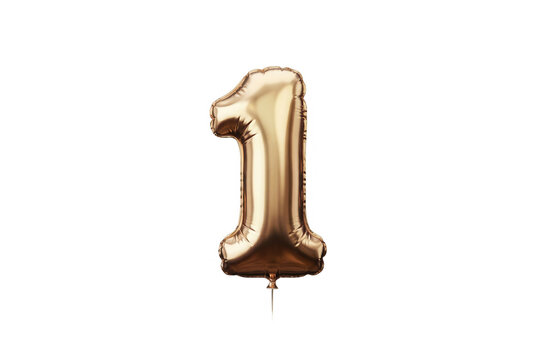 Złoty balon foliowy w kształcie cyfry jeden odizolowany na białym tle, idealny do dekoracji urodzinowych, jubileuszowych oraz świętowania pierwszego roku życia lub sukcesu.