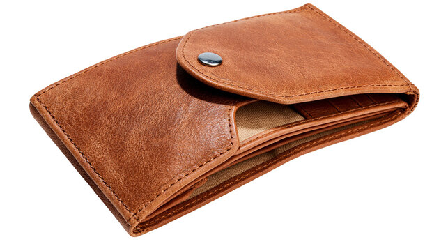 Isolated brown leather wallet with snap closure, classic style for currency and cards