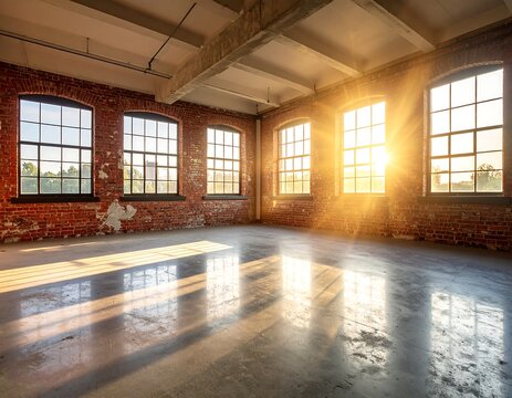 Bright sunlight illuminating an empty industrial loft interior with exposed red brick walls and large windows. Ideal for real estate development and modern architectural design concepts.